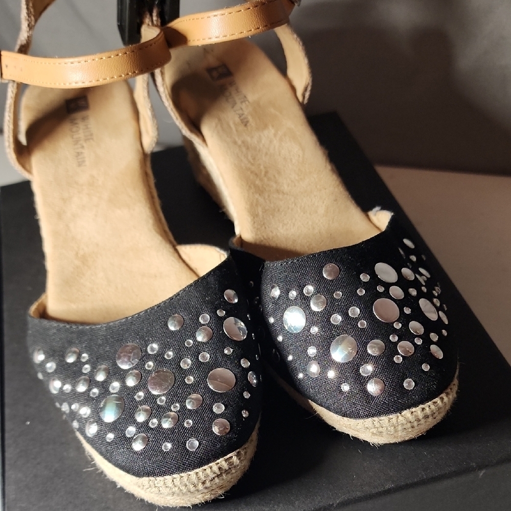 White Mountain Black and Tan Espadrilles with Studs